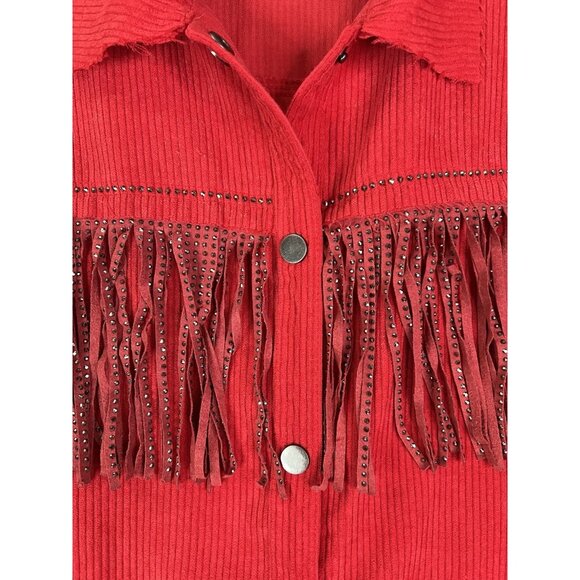 Red Corduroy look GeeGee Western Rhinestone Fringe Jacket  L Womens Snap Shacket - Picture 1 of 13